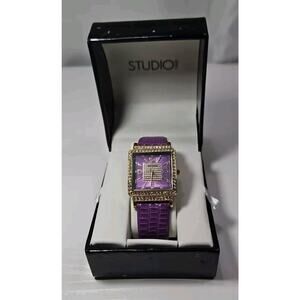 Studio Time Women's Gold Tone Watch Jeweled Purple STD3188W 415 New Battery